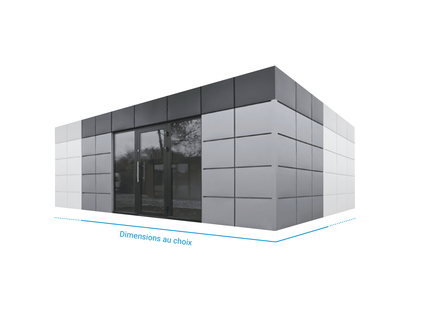 Conteneur de vente avec dimensions librement sélectionnables et grande façade vitrée      