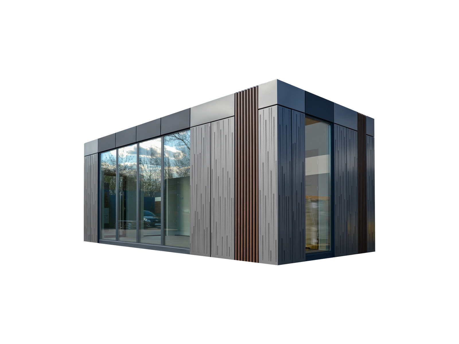 Conteneur de bureau moderne avec grande façade vitrée et façade métallique grise avec éléments de design verticaux