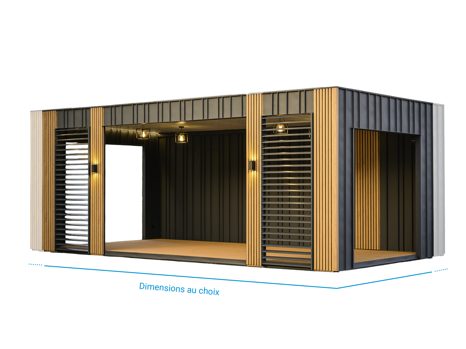 Conteneur pergola avec dimensions librement sélectionnables, façade à lames en bois et éclairage intégré      
