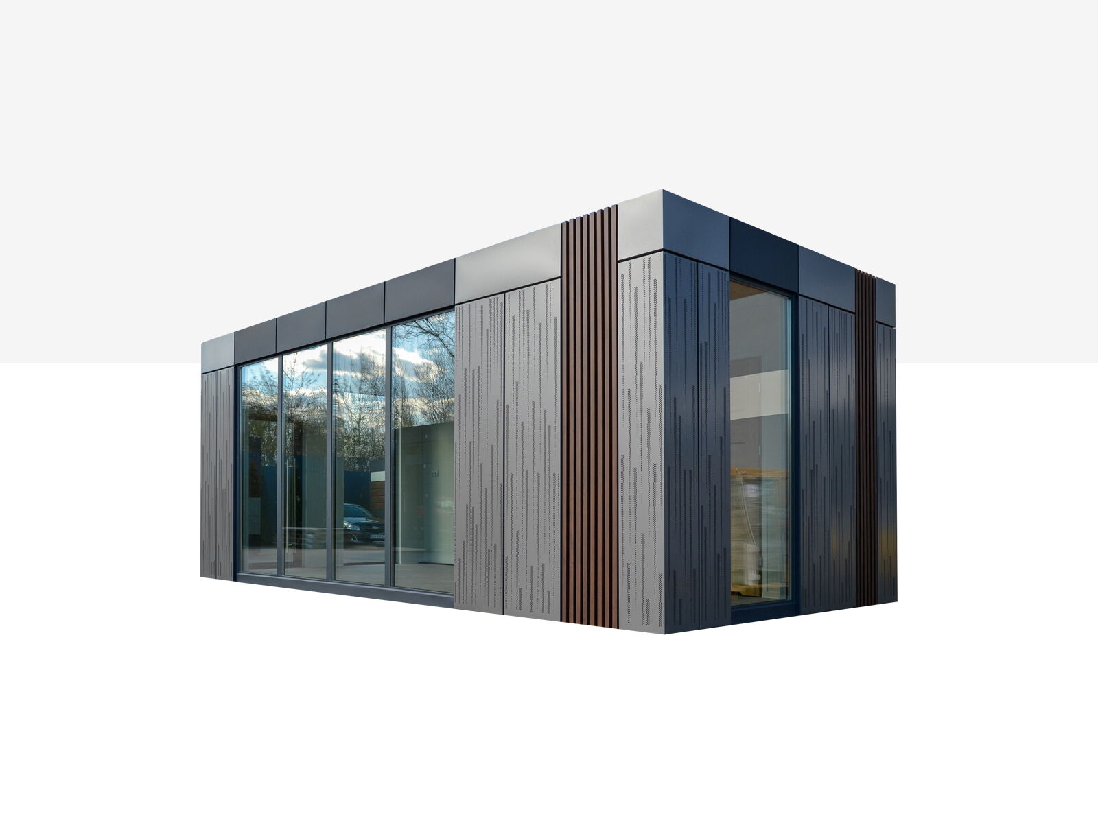 Bâtiment modulaire moderne à un étage avec grande façade vitrée et façade métallique grise avec éléments de design verticaux      