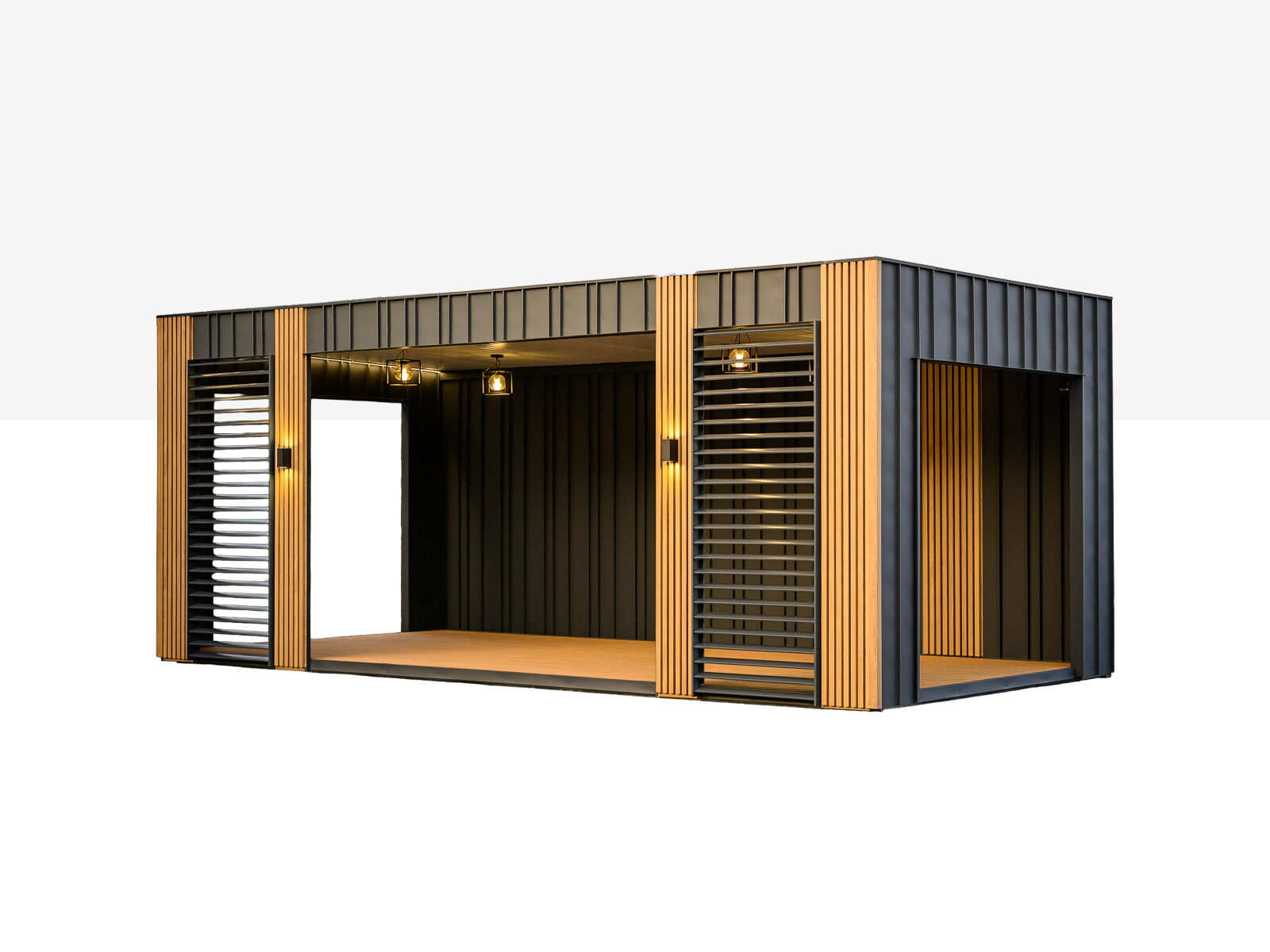 Conteneur moderne avec revêtement en bois, éléments à lames et éclairage intégré      