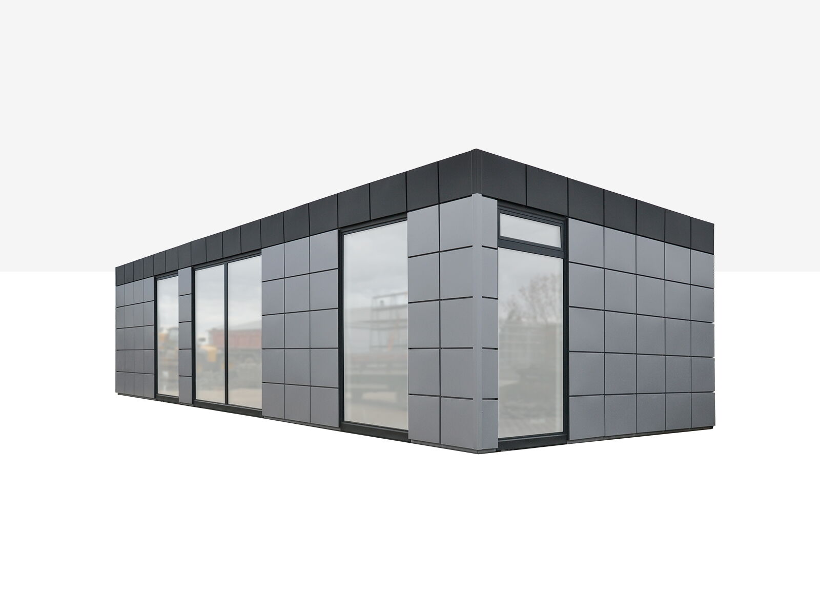 Bâtiment modulaire moderne avec façade à trame grise et grandes fenêtres toute hauteur      