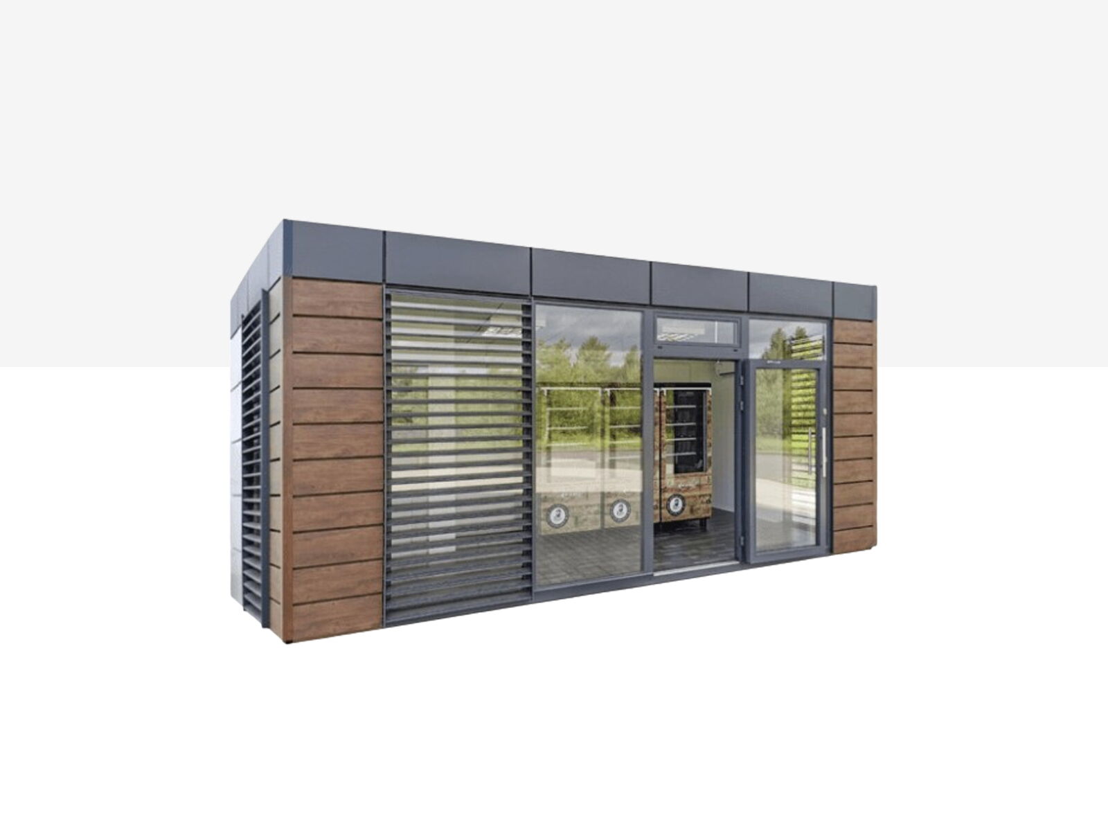 Conteneur moderne avec façade en bois, éléments à lames et grande façade vitrée avec porte d'entrée      