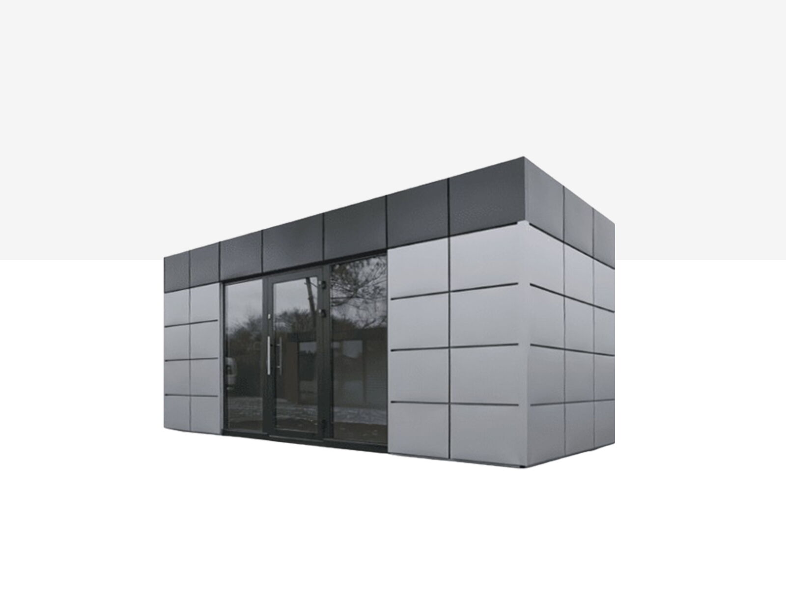 Conteneur de vente moderne avec revêtement de façade gris et double porte vitrée      