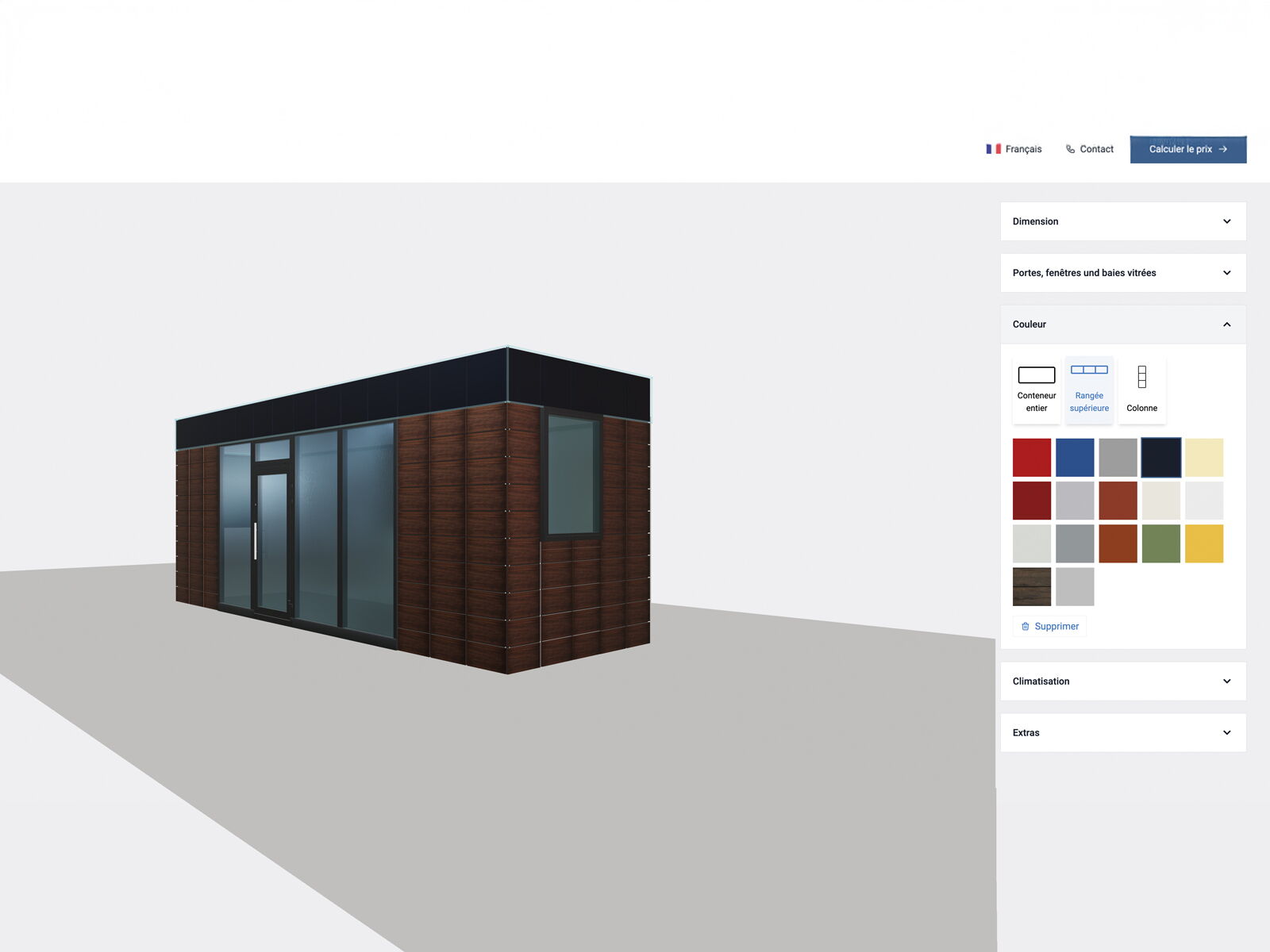 Configurateur en ligne pour conteneurs de bureau avec choix de dimensions, fenêtres et couleurs de façade      