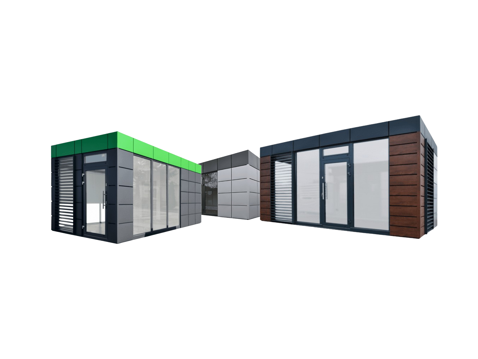 Trois conteneurs modernes avec différents designs de façade en métal, bois et verre