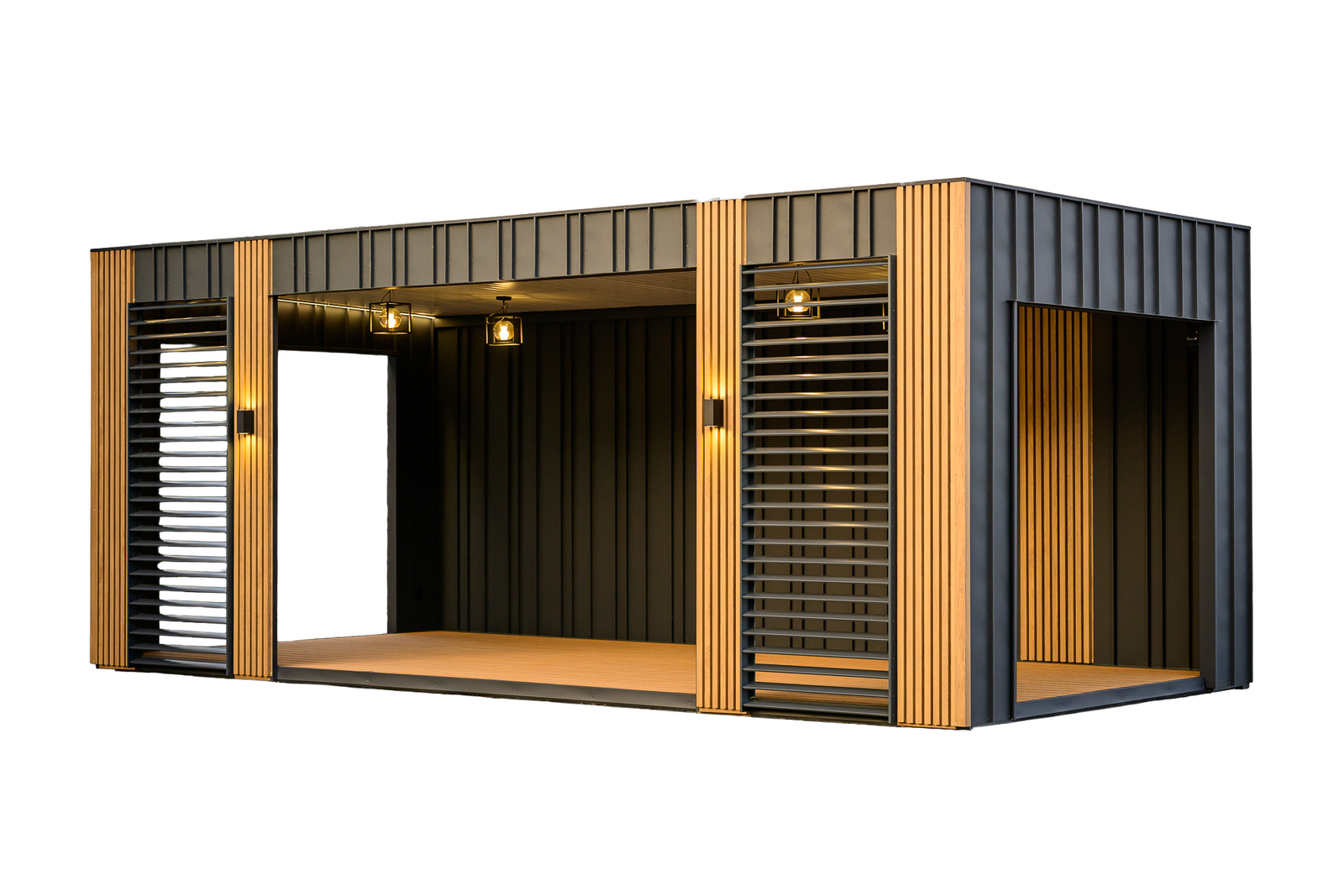 Conteneur pergola moderne avec lames en bois, grandes ouvertures et éclairage de plafond intégré      