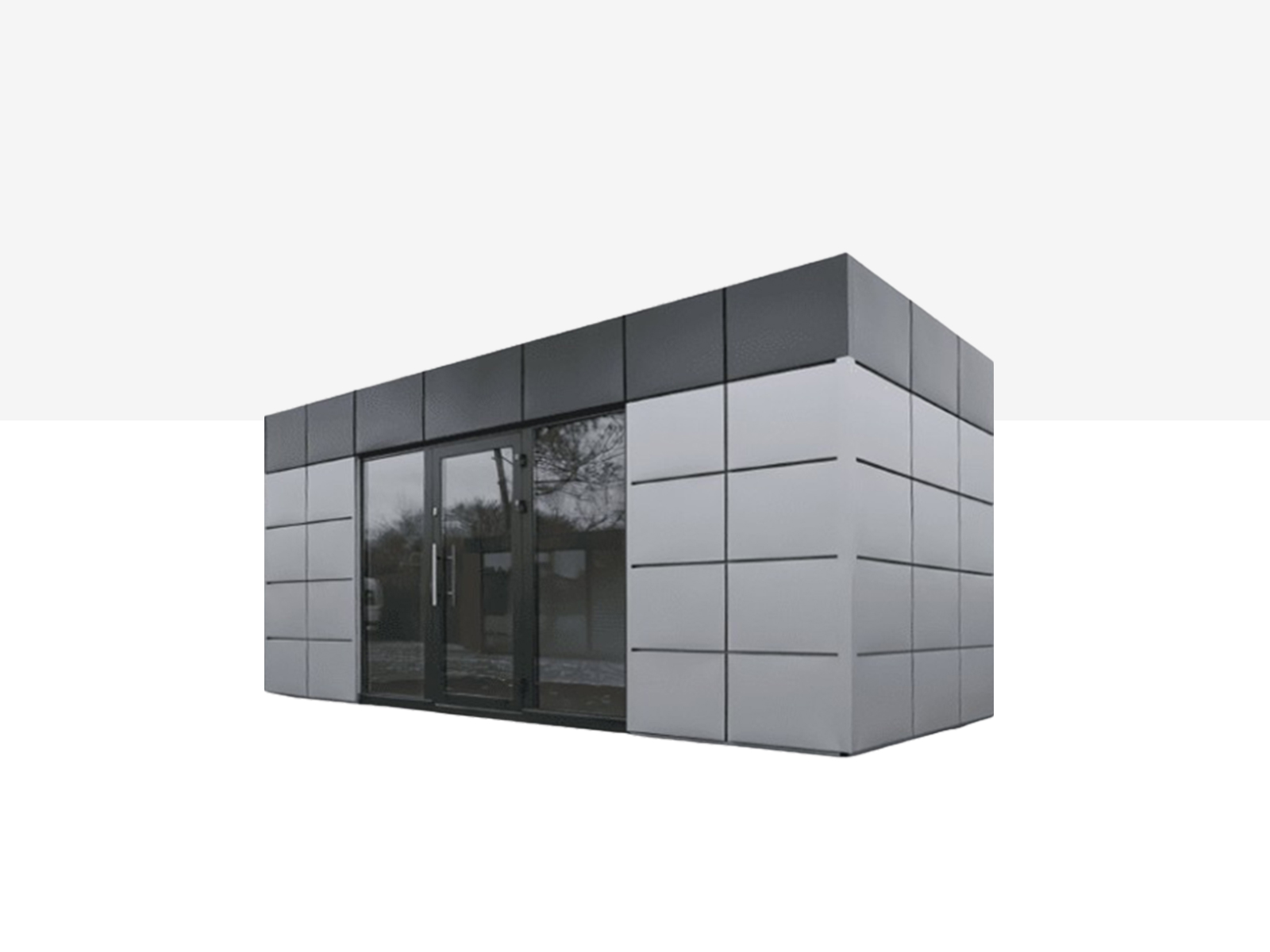 Conteneur de vente moderne avec revêtement de façade gris et double porte vitrée